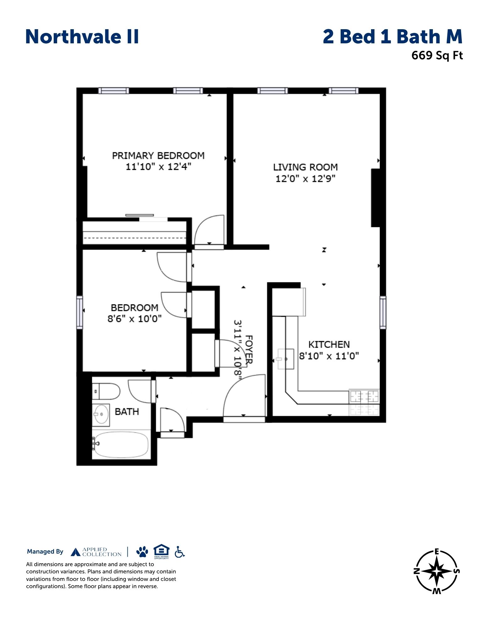 Floor plan for 2 beds, 1 bath, 669 sqft